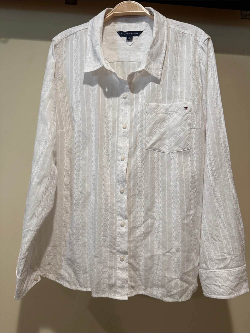 Tommy Hilfiger White Tee with Navy Label and Red Accent